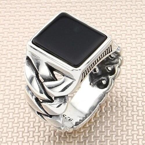 Square Black Onyx Stone Men Silver Ring With Symmetrical Motif Made in Turkey Solid 925 Sterling Silver