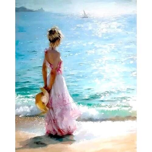 GATYZTORY diy painting by numbers kit for adults seaside girl landscape acrylic paints for painting Unique Gift For art Home Dec