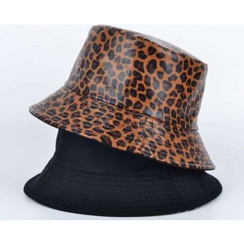 New Faux Leather Bucket Hat Double Sided PU Leopard And Cotton Solid Sun Hat Summer Ladies Fashion Panama Fisherman Cap