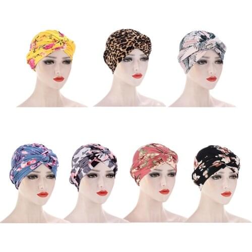 Folding Cross Knotted Hair Loss Scarf Women Muslim Flower Print Turban Elastic Head Wrap Headwear Bandanas Lady Hair Hats Beanie
