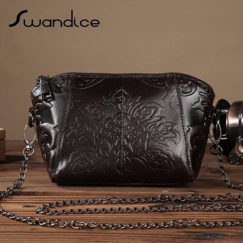 Crazy Horse Leather Vintage Embossed Flower Small Mini Shell Chain Crossbody Messenger Shoulder Bags Women Genuine Cow Leather