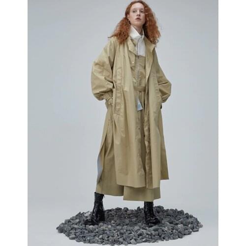 IRINACH231 FALL WINTER 2020 COLLECTION side slits stand collar single breasted long khaki trench coat women