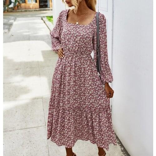 Long Dress Women Long Sleeve Elegant Flower Mid-Calf Dresses Autumn Square Collar Loosed Vintage Dresses Party Beach Vestido