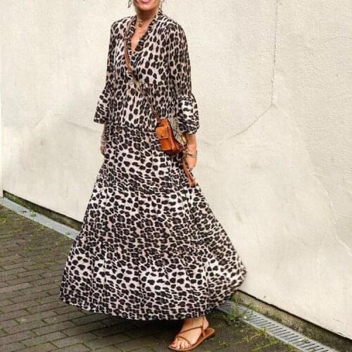 Sexy Leopard Pring Maxi Dresses for Women 2021 Autumn Long Flare Sleeve V Neck Ruffled Boho Dress Casual Loose Holiday Vestidos