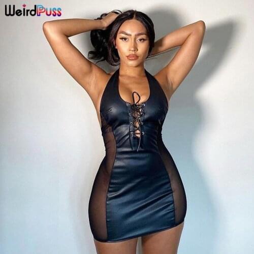 Weird Puss Mesh Leather Patchwork Halter Dress Women Backless Sleeveless Bandage Hollow Bodycon Nightclub Party