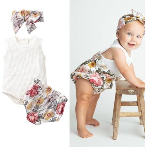 0-24M Newborn Baby Girls 3-piece Outfit Set Sleeveless Romper+Floral Print Shorts+Headband Set
