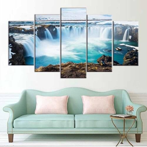 Canvas Home Decor HD Prints Poster 5 Pieces Iceland Paintings Godafoss Waterfall Landscape Pictures Modular Wall Art Framework