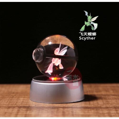 Anime Pokemon Poke Ball 3D Laser Engraving Scyther Crystal Ball LED Light Pocket Monster Character Model Toys for Kids