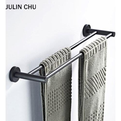 Bathroom Double Towel Bar Black Brass Wall Mounted Round Lavatory Kitchen Bath Towels Shelf Holder Hanger Bathtowel Rack 50 CM