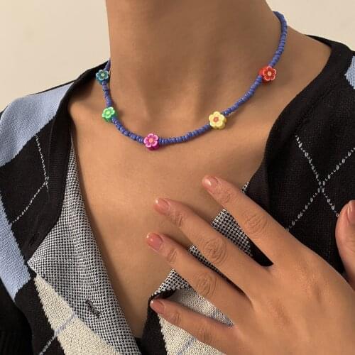 HaHaGirl 2020 New Neck Korean Sweet Colorful Little Daisy Acrylic Flowers Boho Beaded Clavicle Necklaces for Women Girls Jewelry