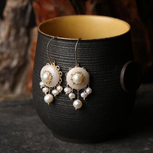 Emerald Lucky Button Natural Pearl Tassel Dangle Earrings For Women Handmade Temperament Pendant Earring Girl Party Jewelry Gift