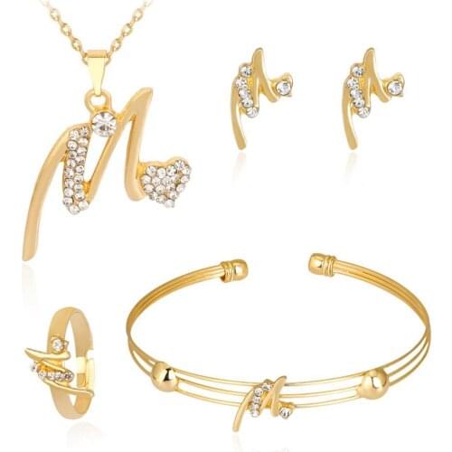 KC Gold Plated Rhinestone Heart M Letter Pendant Necklace Ring Bangle Earrings