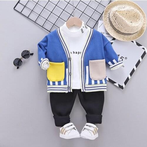 Children Clothes Suit Winter Cardigan Three-Piece Suit Boy Long-Sleeved Plus Velvet T-Shirt Late Autumn Jacket Pants Kids Jacket