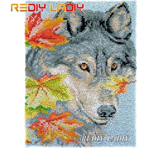 Latch Hook Rug Autumn Wolf Plush Wall Tapestry Kits DIY Carpet Rug Chunky Yarn Cushion Arts & Crafts Crochet Floor Mat 61*81cm