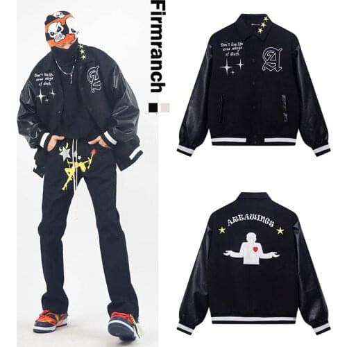 Firmranch New Fashion American Streetwear Casual Baseball Jacket Suede With Leather Sleeves Black Autumn/Winter Coat Men/Women