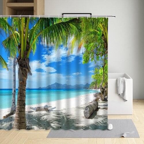 Summer Ocean Shower Curtain Palm Tree Seagull Vacation Houses White Sandy Beach Ferry Rock Cloth Bathroom Decor Bath Screen