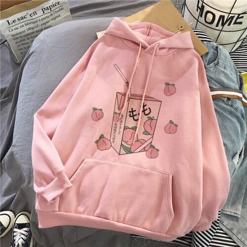 Cute Cartoon Strawberry Juice Hoodies Japanese Fashion Aestheti Print Hooded Sweatshirt Long Sleeve Pullover Women Ullzang Hoody