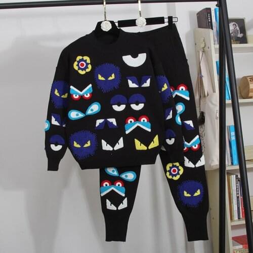 Fashion Red Black Gray Knitted Tracksuit Two Piece Outfits Women Loose Casual Embroidery Cartoons Sweater Pants Set 2pc Female