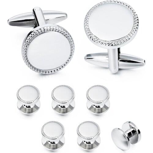 HAWSON Tuxedo 6 Studs Cufflinks Set Mirror Surface Flower Carving Round Mental Cuff Links Men Jewelry Wedding Gift with Boxes