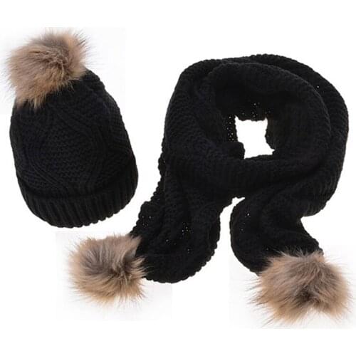Autumn Winter Warm Women Knitted Hat Scarf Sets 2020 Fashion Women Thick Wool Warm Knitted Scarves Fur Pompom Knitte Caps Set