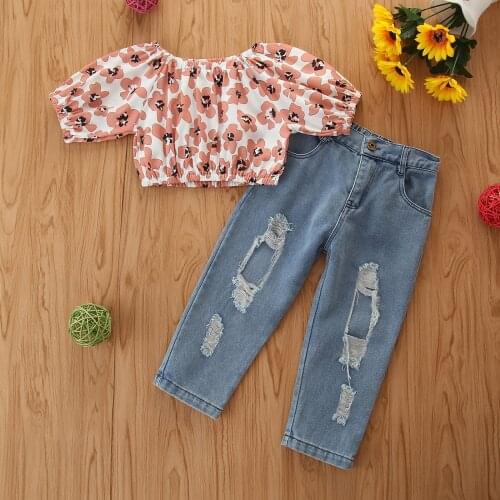 1-6Y Summer Lovely Kids Girls Clothes Sets Flowers Print Short Sleeve T Shirts Tops Blue Skinny Hole Denim Pants