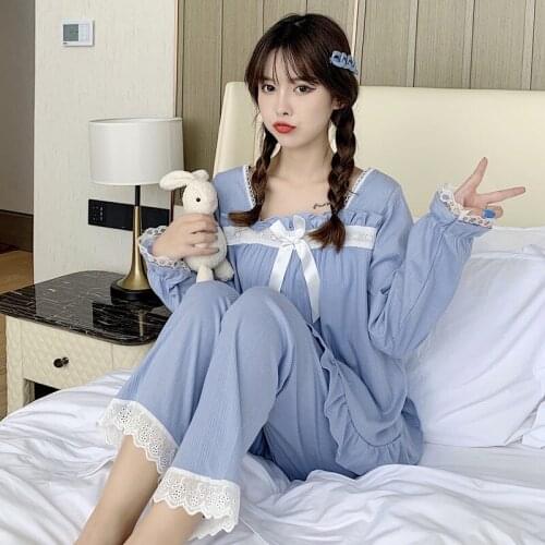 Autumn/winter Japanese Melting Women Pajama Set Princess Wind Bud Silk Joins Homewear Pure Cotton Two-pieces Set Lady Nightie