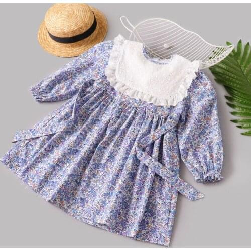Spring Cotton Baby Girls Dress 2021 New Lace Collar Button Floral Princess Party Dresses A-line Long-Sleeved Children Clothes