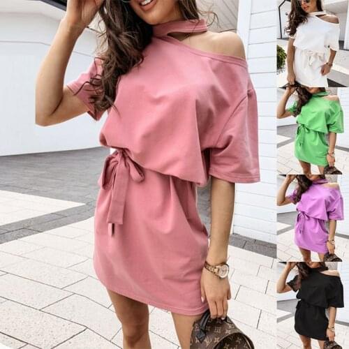 Casual Loose Mini Dress Women Summer Elegant Hollow Out Design Bandage Decor O-Neck Short Sleeve High Waist Solid Color Dress