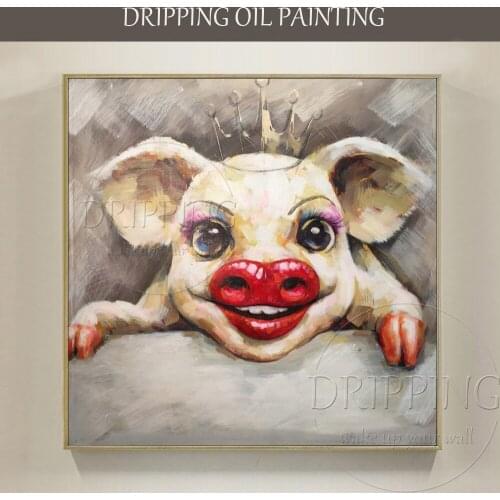 Professional Painter Hand-painted High Quality Funny Pig Oil Painting on Canvas Queen Pig with Crown Oil Painting for Wall Decor