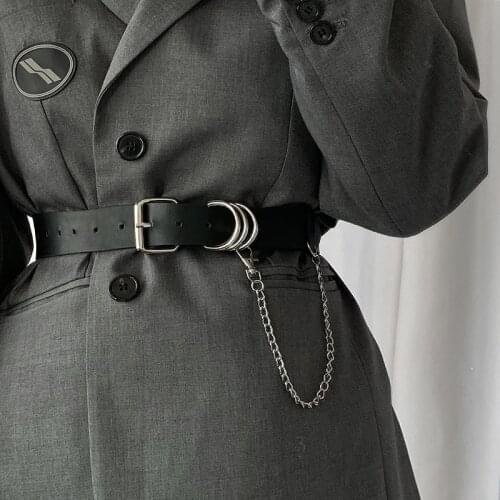 NEW Fashion Lady Black soft PU Leather Belts With Chain Luxury Aesthetic Grommet Belt Woman silver metal buckle Belts For Jeans