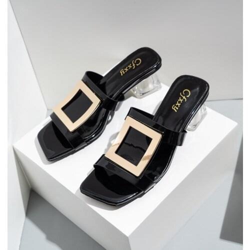 Fashion Block Metal Stuffers 2021 Summer Women Slippers Ladies Sandals Square Toe Transparent Med Heels Elegant Female Slides