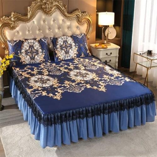 Thicken Bed Skirt Home Textile Bedding 3pcs/set(1Bed Skirt + 2pcs Pillowcase) Bed Sheet King/Quee Dark Color Bblue Sheet F0537