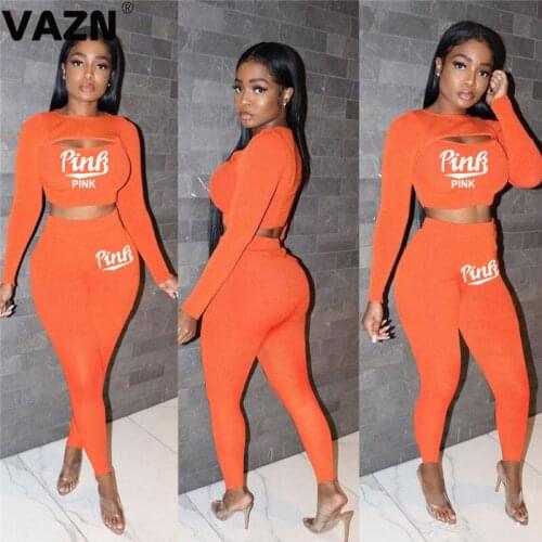 VAZN 2021 Special Sexy O-neck Two Piece Set Letter Print Button Bodycon 2 Piece Set Women Long Sleeve Top And Pant Autumn