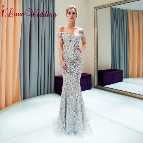 ILoveWedding Off the Shoulder Evening Dress Silver Sequin Beads Mermaid Formal Evening Dresses Long for Women Real Photo