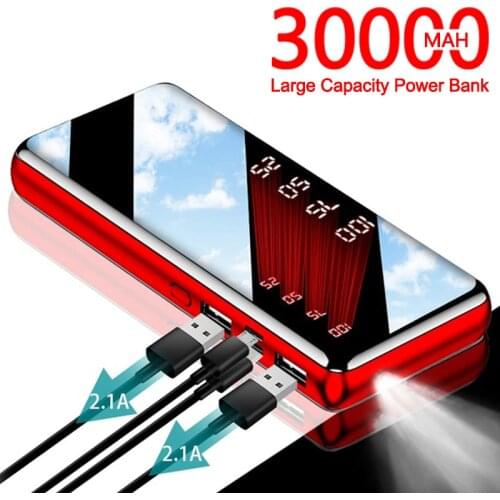 30000mAh Mirror Power Bank Portable External Battery LCD Digital Display Fast Charger with LED Light for Iphone Xiaomi Samsung