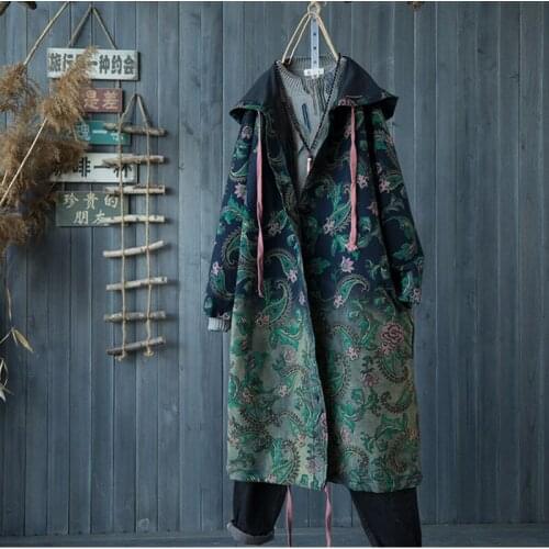 2021 Autumn New Womens Literary Retro Printing Big flower Pattern Denim Windbreaker Hooded Long-Sleeve Cardigan Jacket Outwear