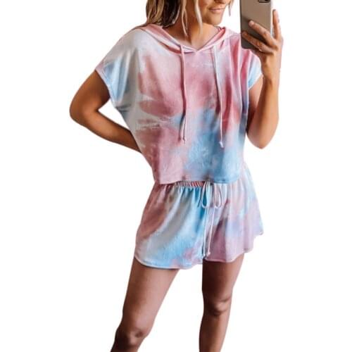 Women Tie Dye Short Sleeve Hoodie Crop Tops High-Waist Shorts Set