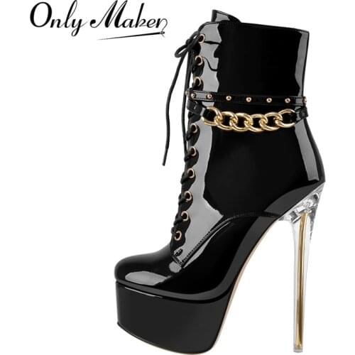 Onlymaker Womens Winter Lace-Up Ankle Boots Black Red Patent Leather Rivet Metal Chain Clear Metal High Heel Booties Zipper