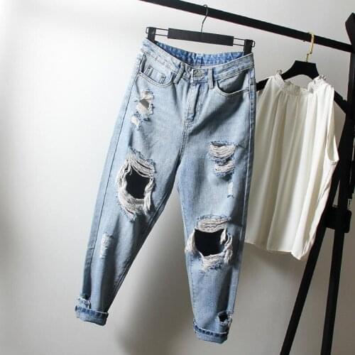 Female Straight Pants Boyfriend Jeans for Women Ripped Hole Jeans for Women Plus Size Denim Pants Elastic High Waist Jeans HK406