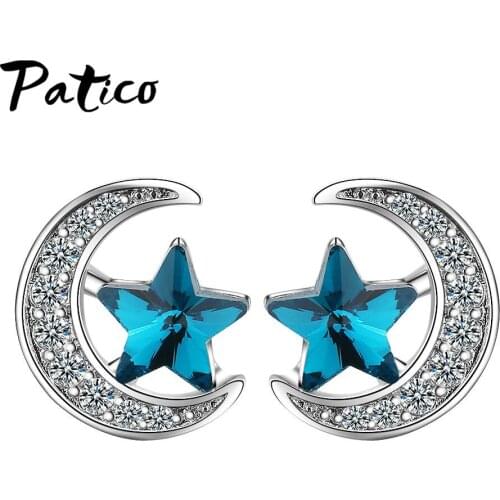 New Statement Women 925 Sterling Silver Pierced Stud Earrings Blue Stars Moon Cubic Zircon Rhinestone Simple Sweet Fresh Jewelry