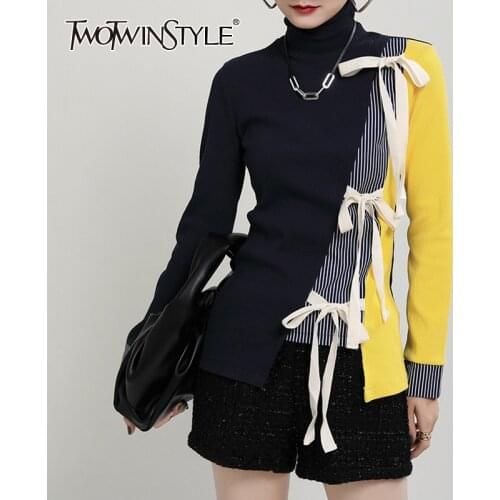 TWOTWINSTYLE Hit Color Knitted Tops For Women Turtleneck Long Sleeve Lace Up Bowknot Slim Sweater Female Fashion New Clothing