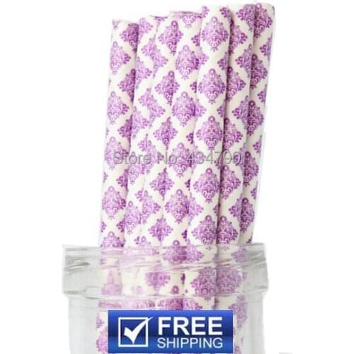 200pcs Party Paper Straws Purple Damask,Unique Disposable Compostable Vintage Patterned Cake Pop Sticks,Choose Your Colors