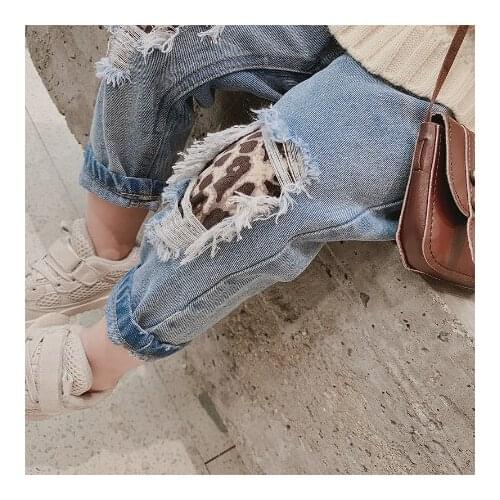 2019 Autumn Winter New Arrival Kids Fashion Leopard Hole Jeans Kids Denim Harem Trousers Girl Jeans Kids