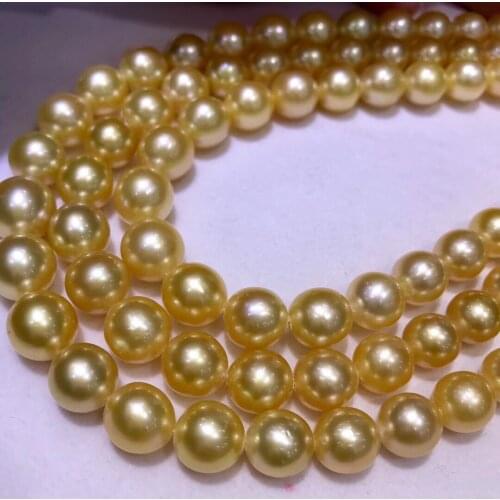 9-12mm Big Natural Round Shape Southsea Real Gold Color Pearl Necklace String Genuine Pearl Strand String 39cm Long