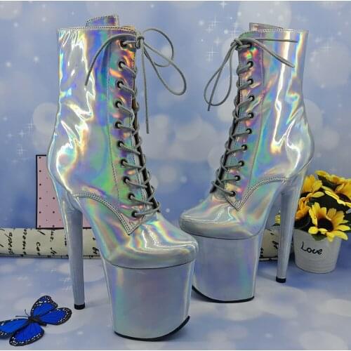 Leecabe Shinny Silver 20CM/8inches Pole dancing shoes High Heel platform Boots closed toe Pole Dance hight boot