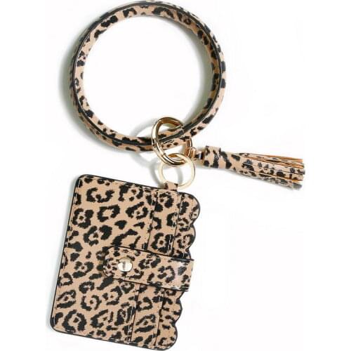 Fashion Leopard Leather Credit Card Wallet Bracelet Keychains with tassel Monogram Leather Credit Cards Holder