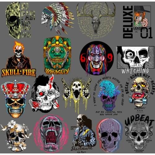 Punk Skeleton Skull Thermal Sticker Iron On Patches For Clothing Heat Transfer Vinyl Sticker DIY Heat Transfer Patch On T-Shirt