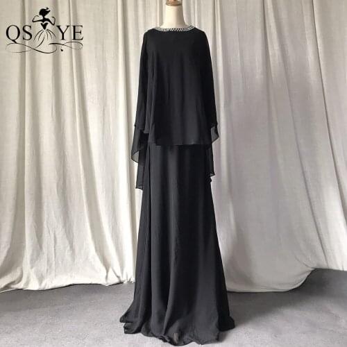 Black Evening Dresses with Long Shawl Chiffon Party Dress Crystal Beaded Neck Long Sleeves Women Formal Dress Decent Prom Gown