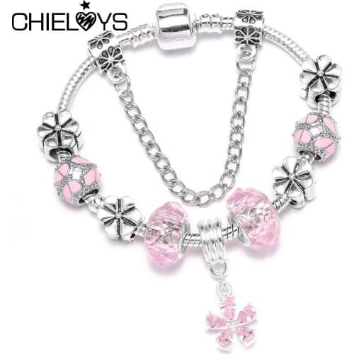 CHIELOYS Pink Crystal Beads Vintage Silver Plated Flower Pendant DIY Charm Brand Bracelets&Bangles For Women Fashion Gift