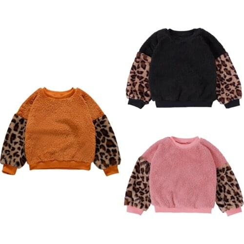FOCUSNORM Autumn Winter Newly Baby Girls Boys Sweater Tops 3 Colors Fur Leopard Patchwork Long Lantern Sleeve Pullover Tops 2-7Y